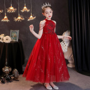 儿童公主裙钢琴演出服女童礼服轻奢洋气主持人红色气质走秀春