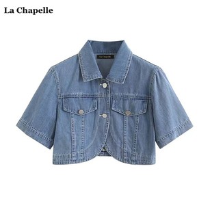 拉夏贝尔lachapelle夏季短袖牛仔外套，女小个子外塔披肩上衣