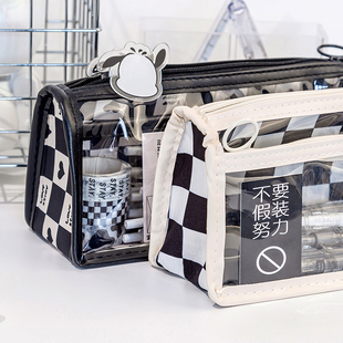 2025年新款棋盘格透明笔袋女生高颜值文具袋初中学生简约铅笔盒女孩小学生大容量黑白格子男孩高中小众超火