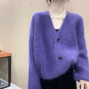 紫色粗毛线狐狸毛针织衫V领开衫毛衣欧洲站宽松显瘦设计感纯色上