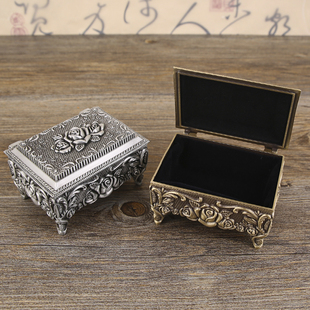 欧式复古金属玫瑰雕花首饰收纳盒，长方形古锡饰品盒高档珠宝盒