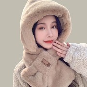 围巾帽子一体秋冬季保暖毛绒加厚仿兔毛可爱护耳帽子2023年女