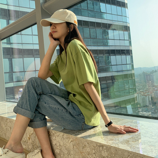 果绿色纯棉短袖女装宽松打底衫圆领T恤2021年基础款纯色上衣韩版