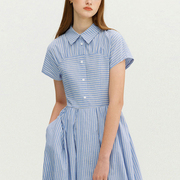 23夏法式蓝白纯棉条纹设计感拼接短袖衬衣式大摆长款连衣裙