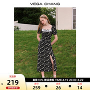 vegachang黑色碎花连衣裙夏2024女装法式小众小雏菊茶歇裙子