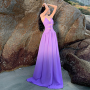 高货法式复古设计感褶皱吊带雪纺紫色吊带大摆长裙超仙海边旅拍连