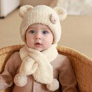 婴儿帽子围巾套装秋冬季宝宝，毛线帽女童针织护耳，帽儿童毛绒帽(毛绒帽)男童