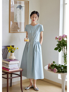 月白蓝棉质短袖气质连衣裙，女夏2023法式复古系带收腰显瘦中长裙