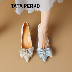 tataperko联名金色蝴蝶结尖头高跟鞋，女细跟法式真皮浅口气质单鞋