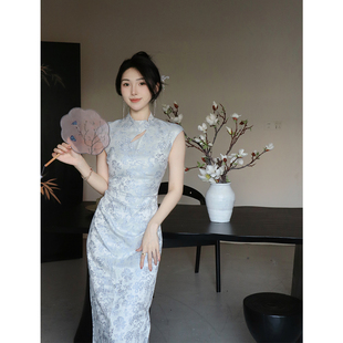 tyang贰羊设计青花瓷，国风新中式修身复古蓝色刺绣旗袍连衣裙