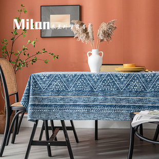 地中海蓝色摩洛哥轻奢棉麻，桌布书桌长方形复古餐桌布茶几垫台布