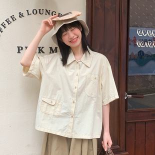 小雨良品日系韩版工装风纯棉，短袖衬衫女夏季小个子宽松上衣慵懒风
