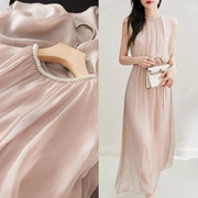 舒适亲肤！裸粉色清新范儿真丝连衣裙夏季100%纯桑蚕丝仙气长裙