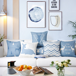 北欧棉麻布艺蓝色麋鹿抱枕套美式客厅沙发，靠垫办公室抱枕靠枕腰靠
