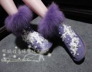 妖狐族设计欧洲站皮草手工钻蕾丝梦幻紫内增高雪地靴