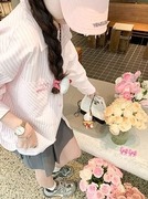 粉色条纹衬衫外套女2024夏季宽松休闲设计刺绣，爱心防晒衬衣上衣薄