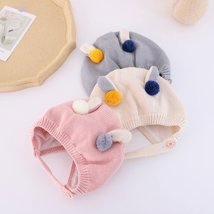 秋冬季儿童男女宝宝婴儿立体耳朵球球可爱护耳帽毛线针织纯棉帽子