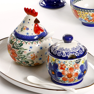 omk创意波兰风陶瓷调味罐家用釉下彩小众个性盐罐带勺大容量糖罐