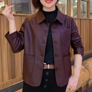 2025春秋新品气质宽松柔软细腻皮衣小个子妈妈装外套洋气减龄百搭