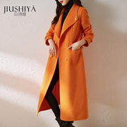 玖诗娅橘色冬高端羊毛，大衣女中长款橙色，名媛显瘦双面羊毛呢子外套