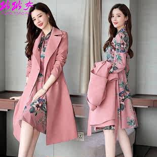 时尚韩版2022秋季套装中长款长袖连衣裙风衣外套女两件套