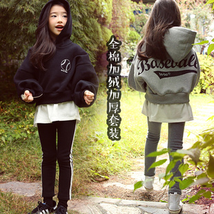 19冬季韩国女童休闲套装中大童，纯棉加绒加厚蝙蝠袖卫衣长裤两件套