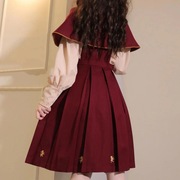 新年套装裙秋季女学生韩版宽松日系斗篷+衬衫+背带连衣裙三件