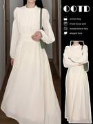 长袖连衣裙子女早初秋季2023女装法式白色高级感气质显瘦长裙