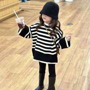 冬季韩版童装女童加厚条纹宽版毛衣宝宝圆领套头毛线衣