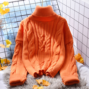 橘色麻花高领毛衣女宽松外穿2020秋冬韩版加厚粗线针织衫上衣