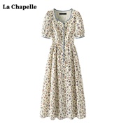拉夏贝尔/La Chapelle法式复古方领连衣裙女夏季小个子短袖碎花裙