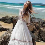 夏季民族风白色绣花连衣裙拍照大摆裙女裙海边度假沙滩裙中腰