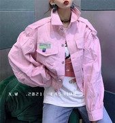 外套0314 欧洲站春季女装樱花粉色翻领廓型落肩短款上衣