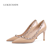 LUKECSION铆钉高跟鞋女细跟8cm2023真皮尖头浅口漆皮裸色单鞋