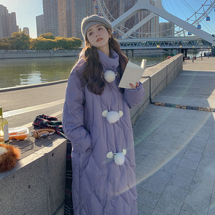 紫色菱格羽绒棉服女中长款冬季2022韩系小众，设计甜美棉衣棉袄