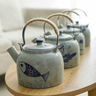 陶瓷茶壶大号粗陶手绘提梁壶中式1000毫升泡，茶壶餐厅水壶复古家用