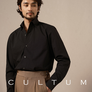 CULTUM意式一片领泡泡纱衬衫男长袖商务休闲修身黑色衬衣上衣薄款