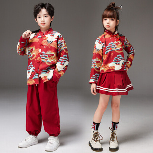 男童中国风唐装儿童装演出服套装红色元旦表演服女童汉服国潮礼服