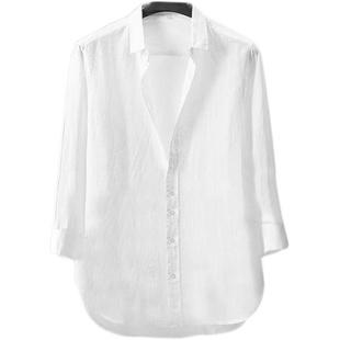 七分袖男士亚麻衬衫夏季宽松短袖透气纯色潮流衬衣男白色中袖
