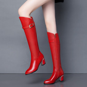 品牌靴子女秋冬款中筒马靴真皮红色马丁靴高筒百搭粗跟婚鞋