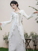 新中式印花吊带裙仙女飘带，上衣鱼尾拼接蕾丝两件套淑女修身气质裙