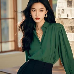 白领哥弟新2025春季新款法式气质高级感绿色polo领长袖衬衫女上衣