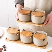 日式厨房调味罐调料盒套装家用陶瓷，调料罐盐罐调味料瓶防潮竹盖罐