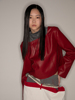 597c原创秋季皮衣立领，上衣小众皮质设计感红色，短款外套女宽松