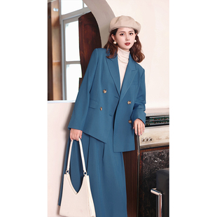 色彩灵感~秋季蓝色女装，通勤套装两件套西装，外套+中长款半身裙