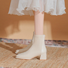 真皮白色高跟短靴女2023秋冬法式加绒保暖防滑增高粗跟瘦瘦马丁靴