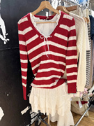 brandybm美式v领红白条纹套头毛衣bm甜美麻花编织针织衫上衣