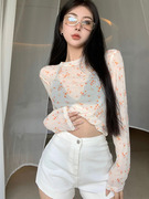 韩国东大门2023春季圆领时尚减龄碎花，小清新长袖，t恤女上衣潮
