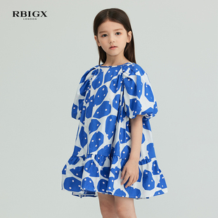 RBIGX瑞比克童装夏季优雅甜美荷叶边复古泡泡袖可爱连衣裙