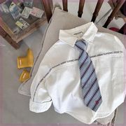 儿童衬衫2023春男女童字母领带长袖，宝宝学院风简约白衬衣(白衬衣)